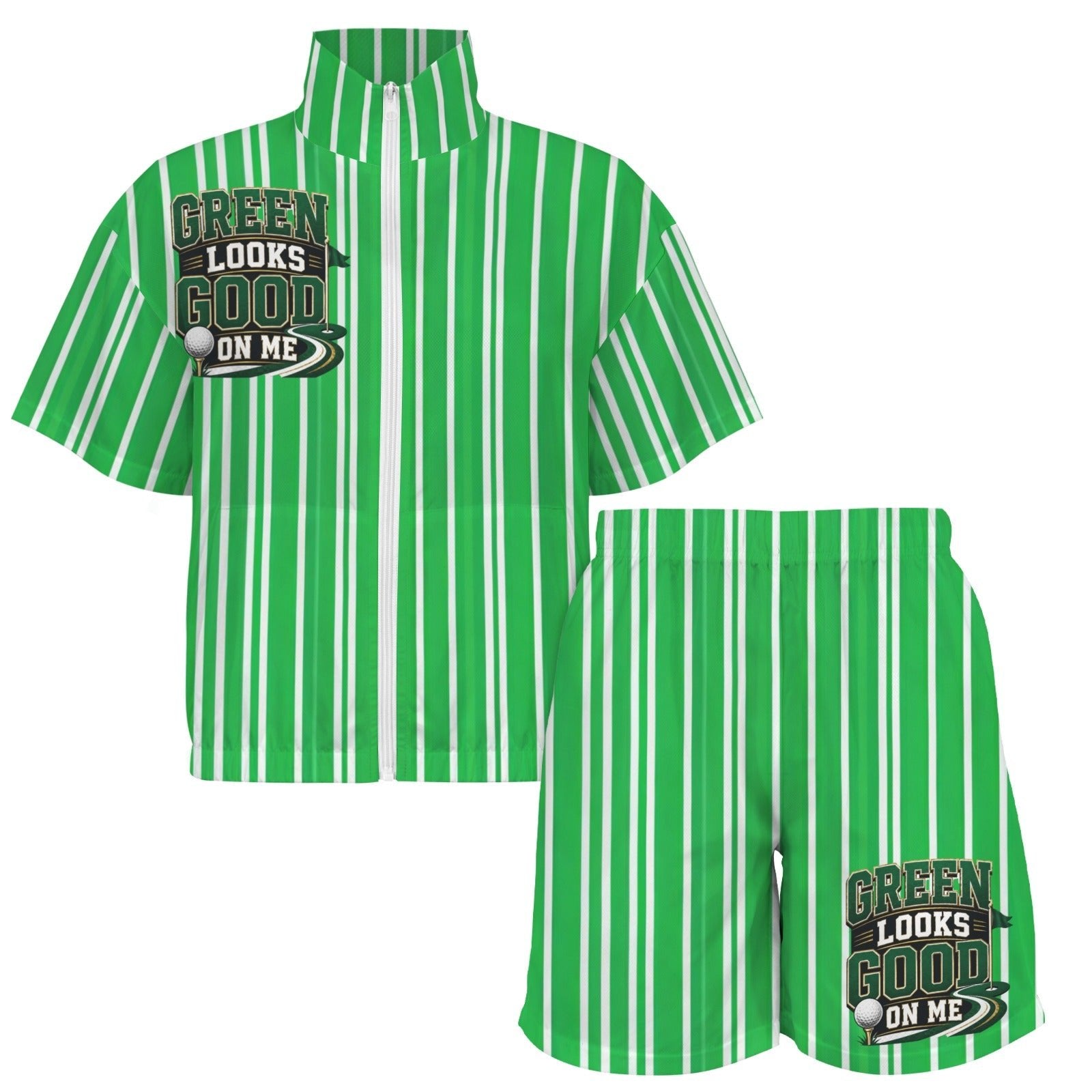 Green pinstriped women's short-sleeve windbreaker jacket with matching elastic-waist shorts — additional view 9