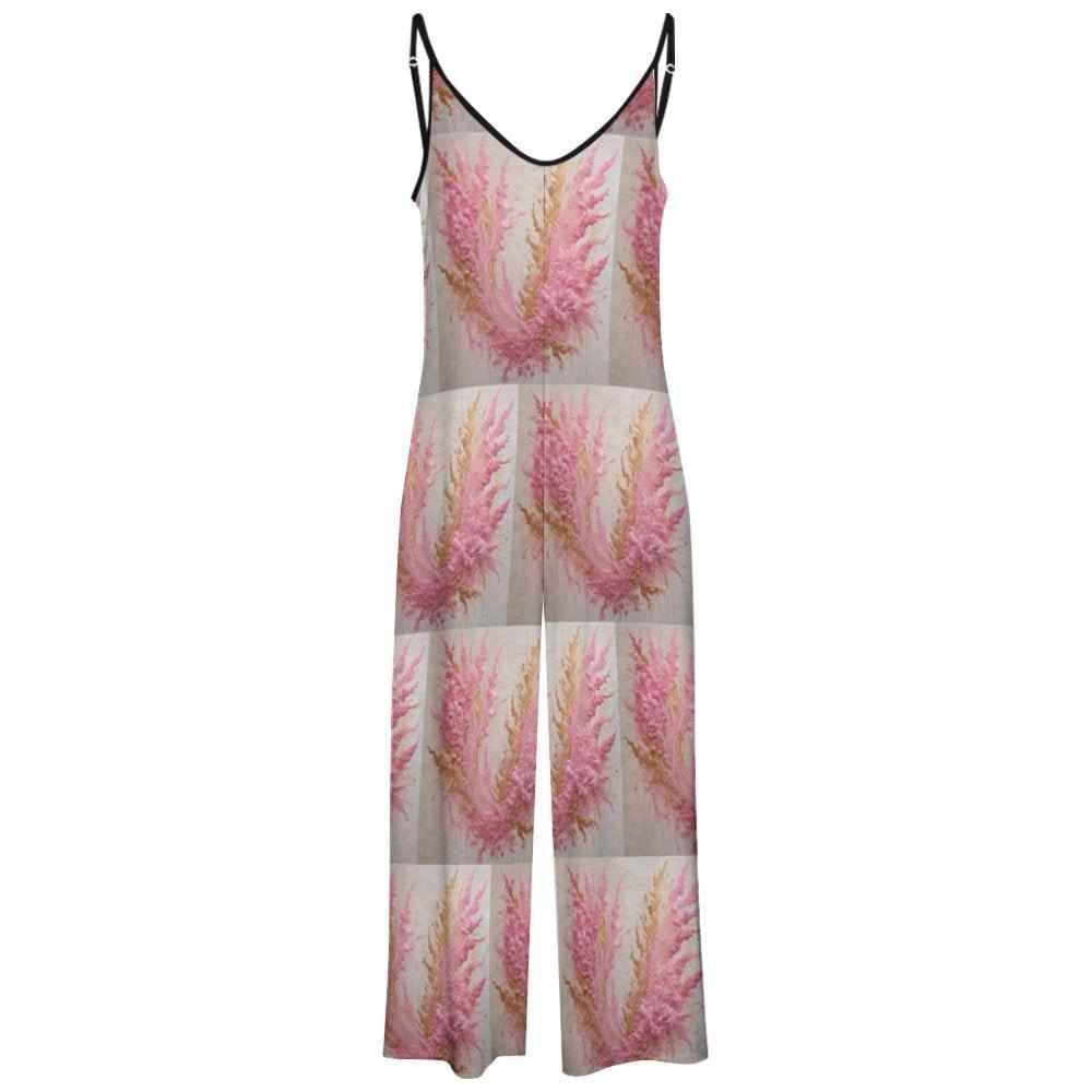 Waterproof gray and pink floral women's suspender jumpsuit with deep V-neck and loose legs — additional view 6