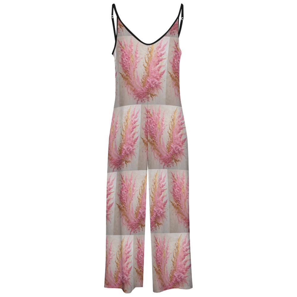 Women’s waterproof suspender jumpsuit with deep V-neck and loose trouser legs