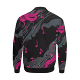 Men's magenta all-over print bomber jacket with front zip and pouch pockets — side view
