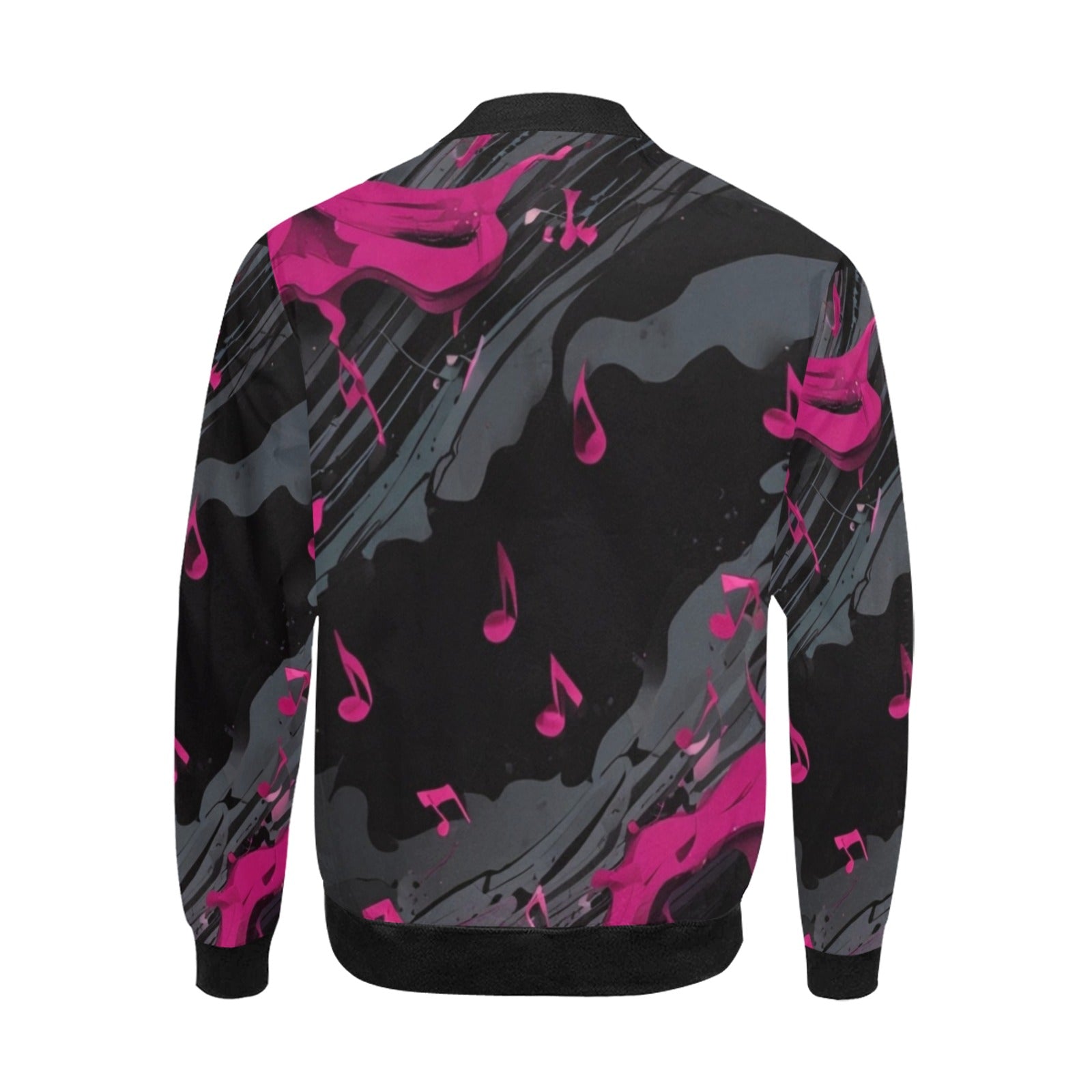 Men's magenta all-over print bomber jacket with front zip and pouch pockets — side view