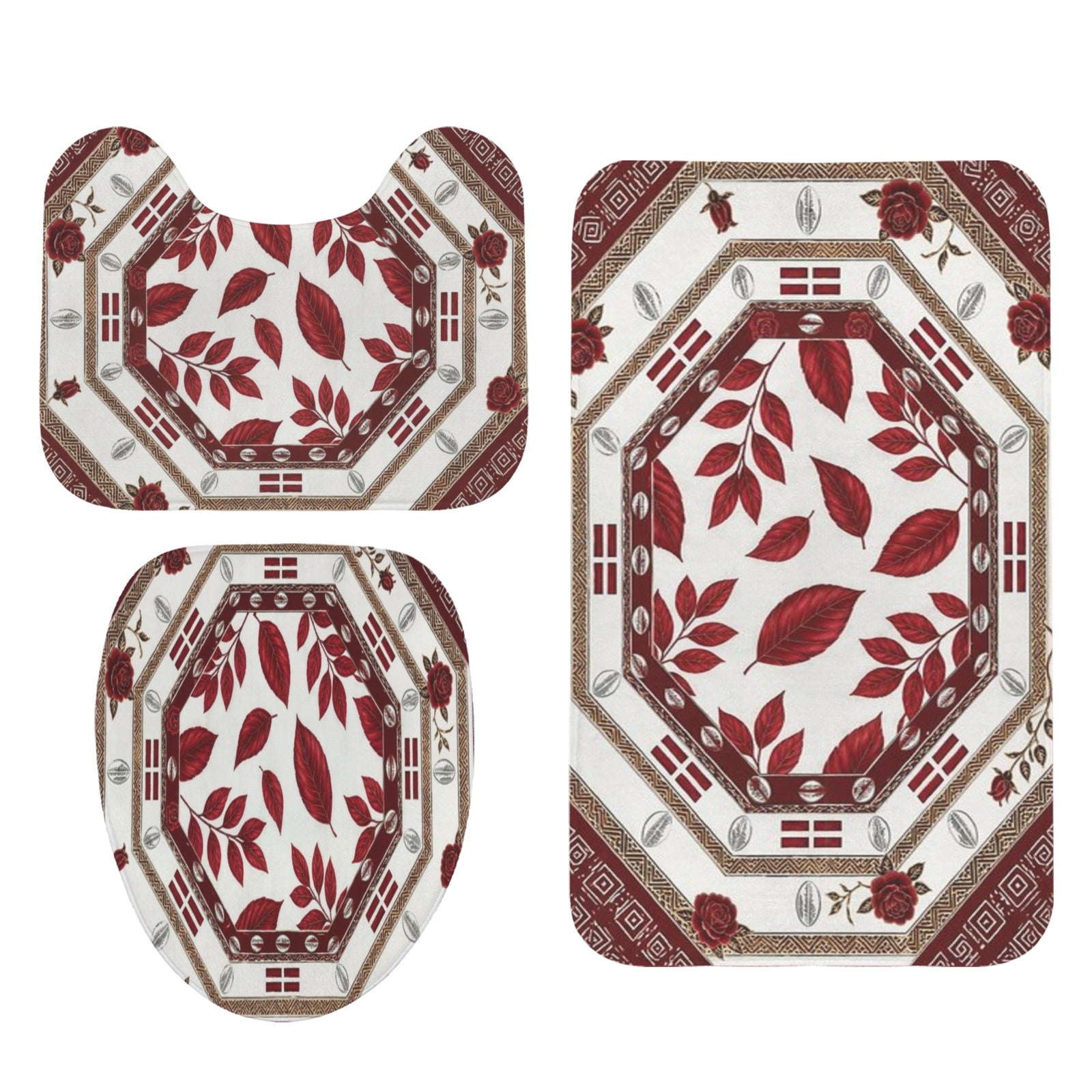 Crimson tribal three-piece bathroom rug set with toilet lid cover and non-slip backing — alternate view