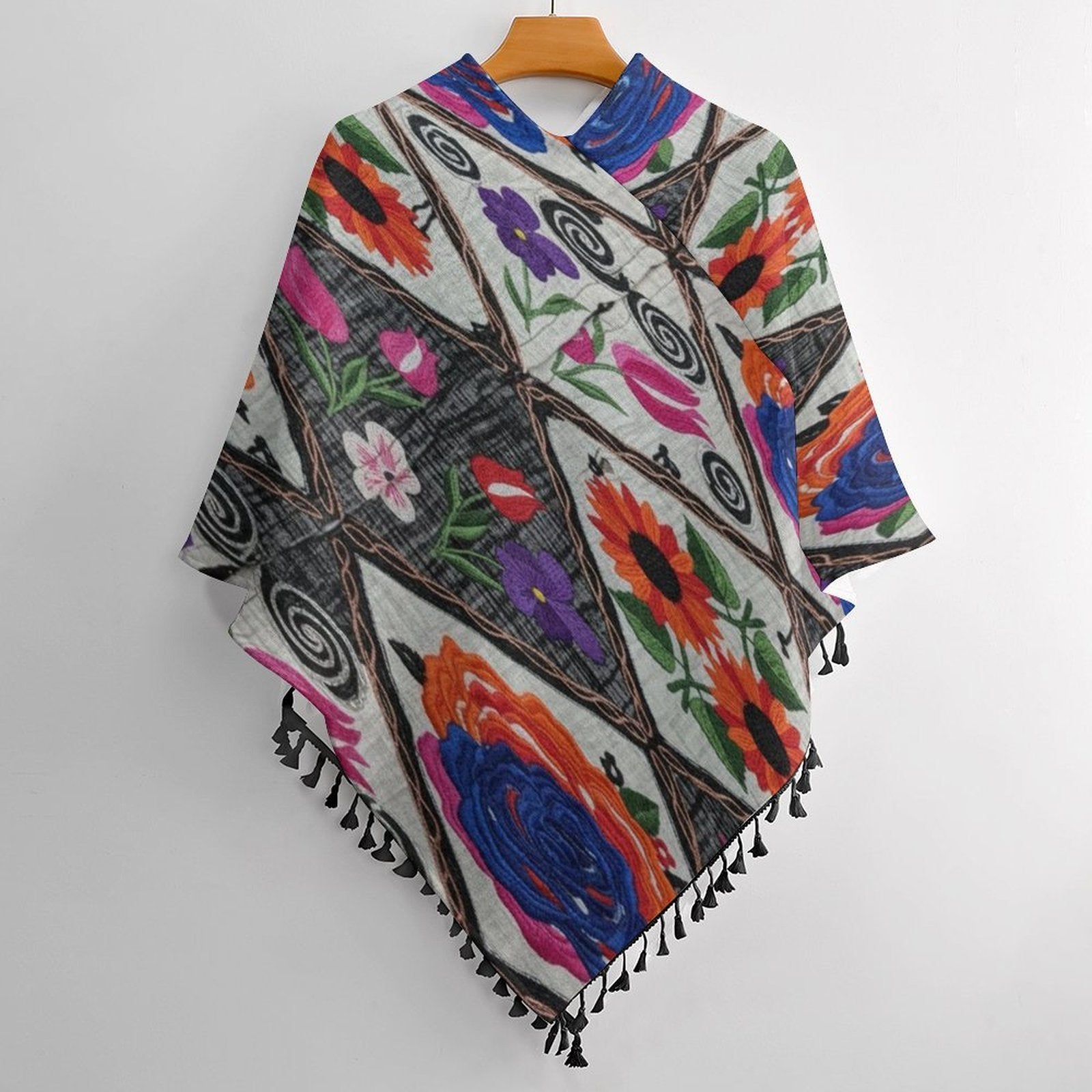 Floral tassel cape with loose cardigan silhouette in smooth, breathable fabric, one size fits all — alternate view