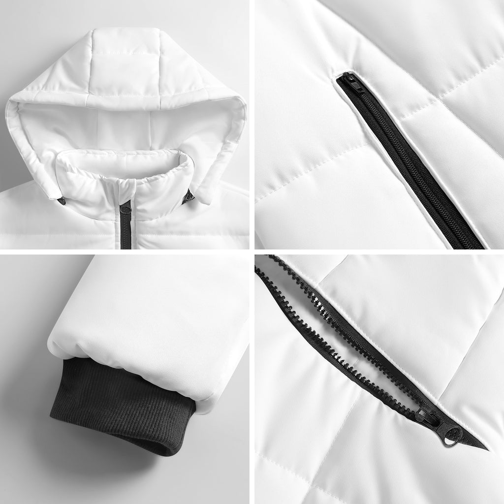 Detail shots of white puffer coat hood, pockets, and zipper