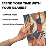 Abstract mosaic-style 1000-piece wooden puzzle featuring repeated colorful hand forms — additional view 6