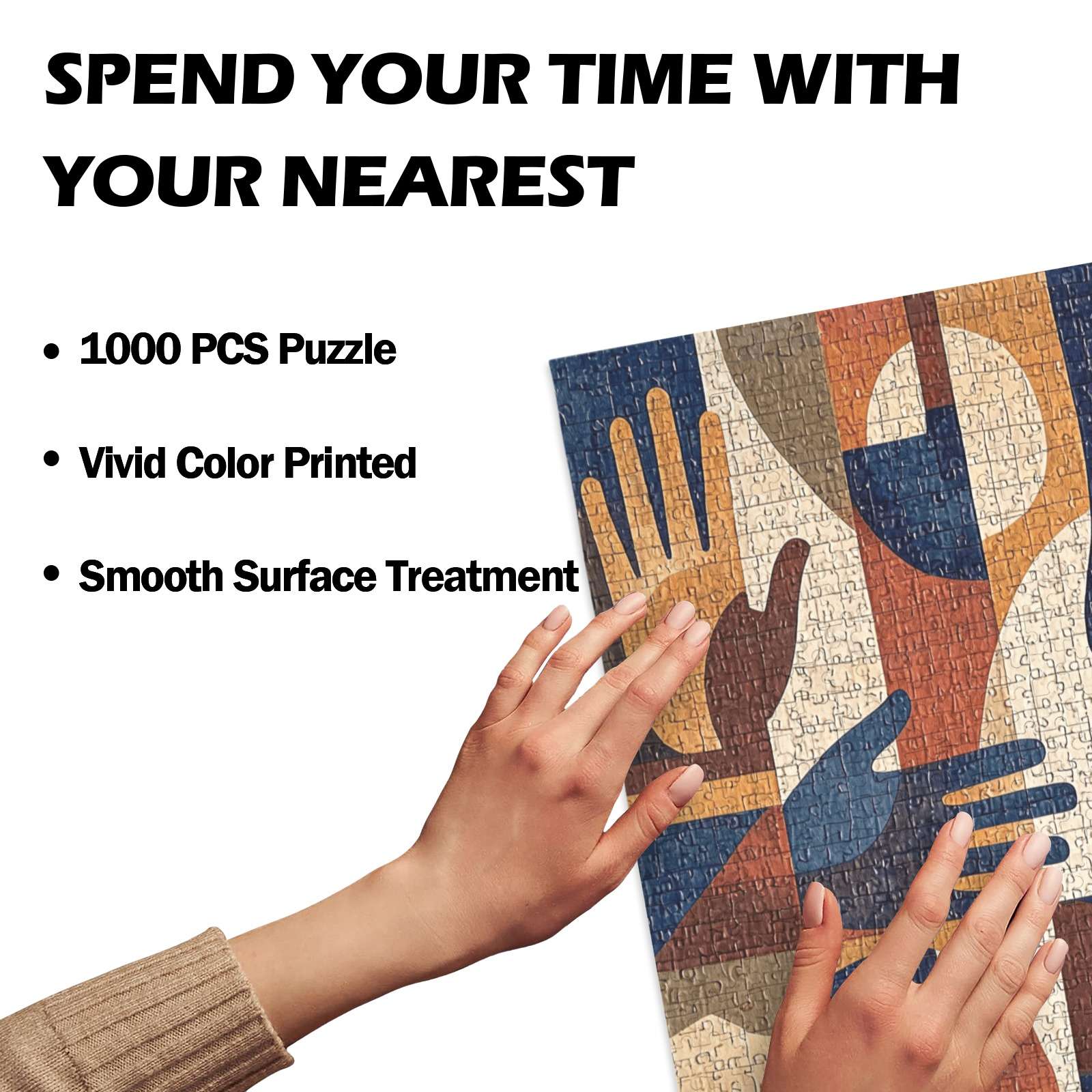Abstract mosaic-style 1000-piece wooden puzzle featuring repeated colorful hand forms — additional view 6