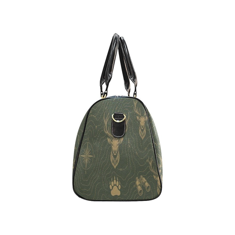 Green waterproof duffel bag with hunting-themed print, PU leather handles, and adjustable shoulder strap — additional view 7