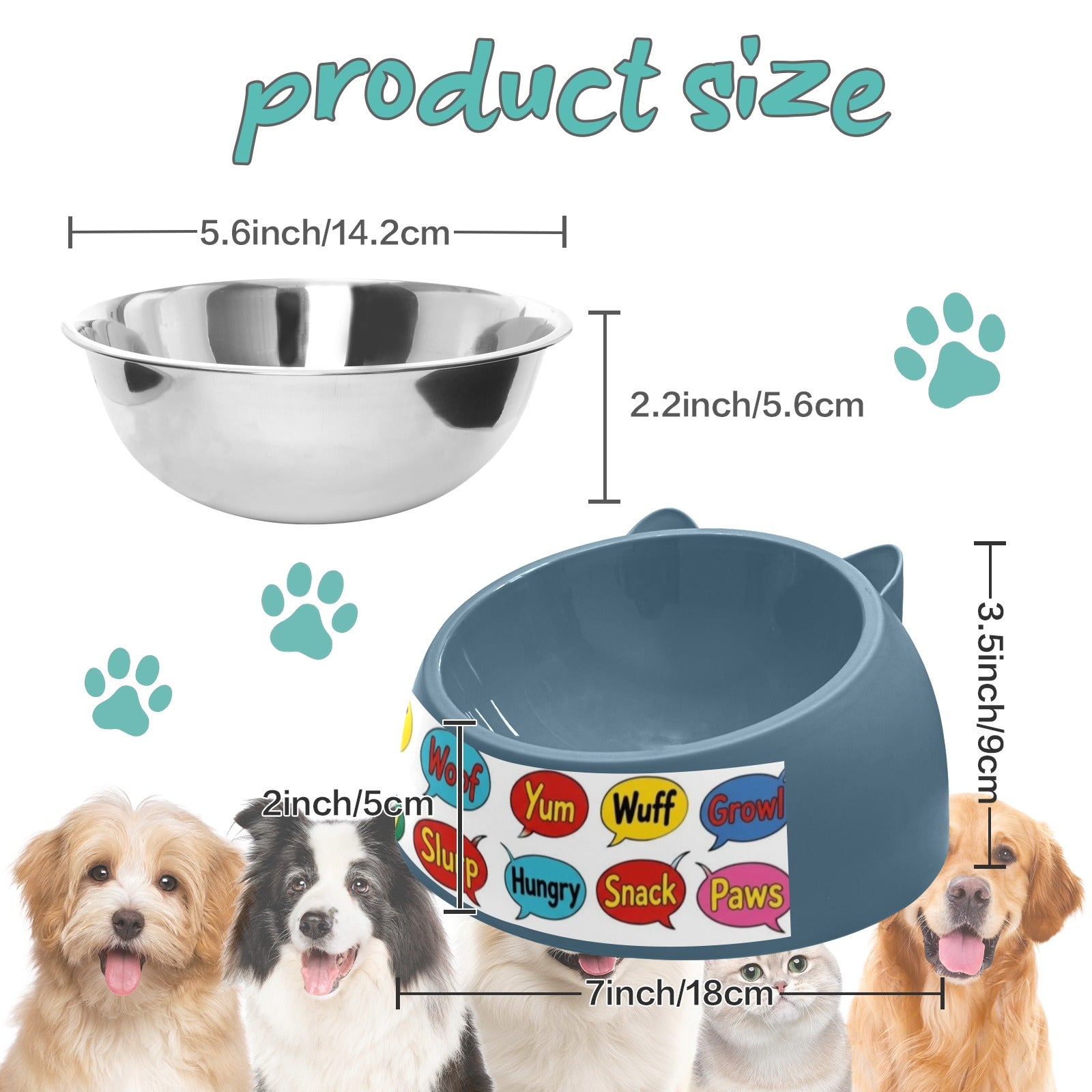 Dimensions chart for Rich and Rich Paw & Prestige pet bowl showing insert and outer shell size
