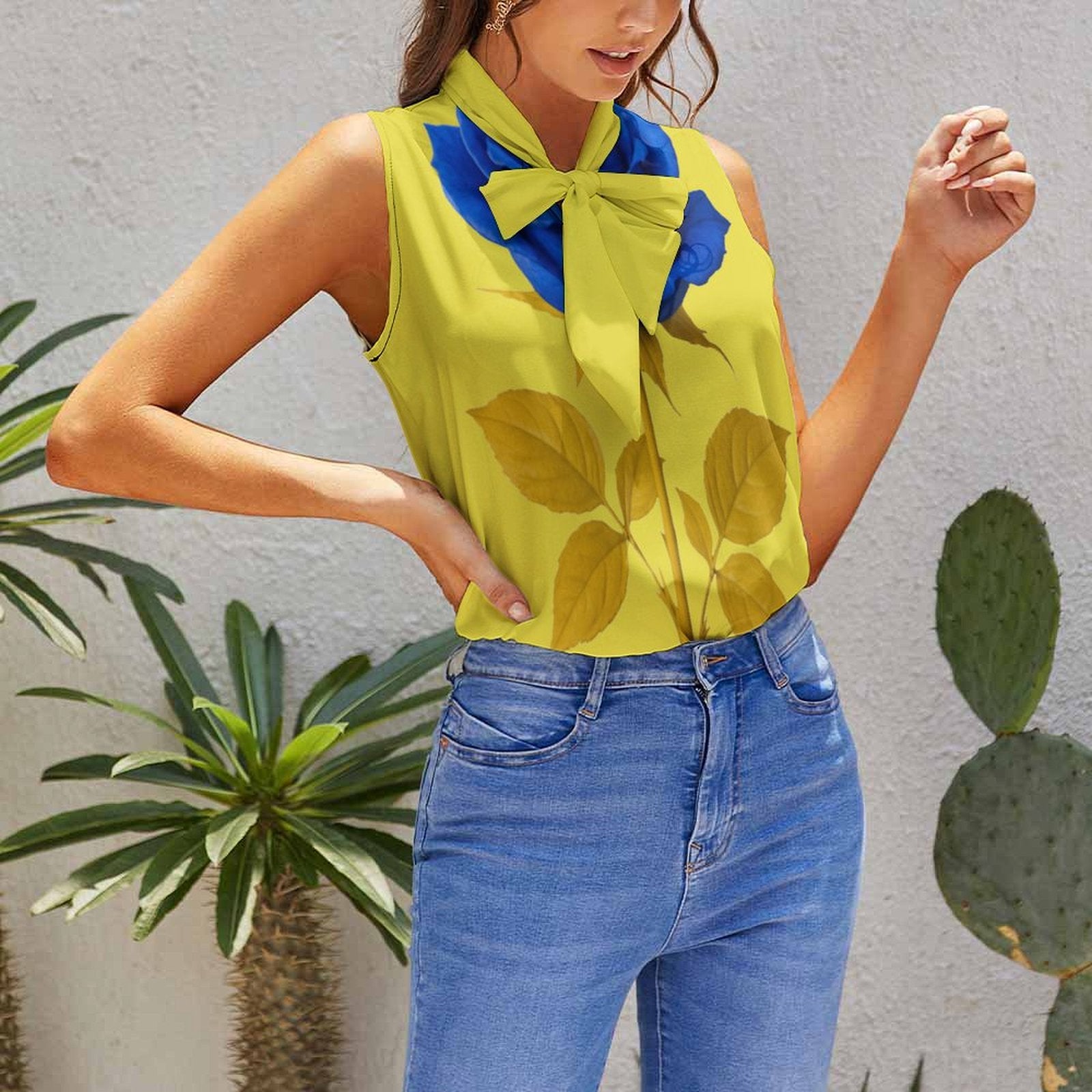 Women’s sleeveless tie neck top in soft polyester blend, styled for summer casual wear