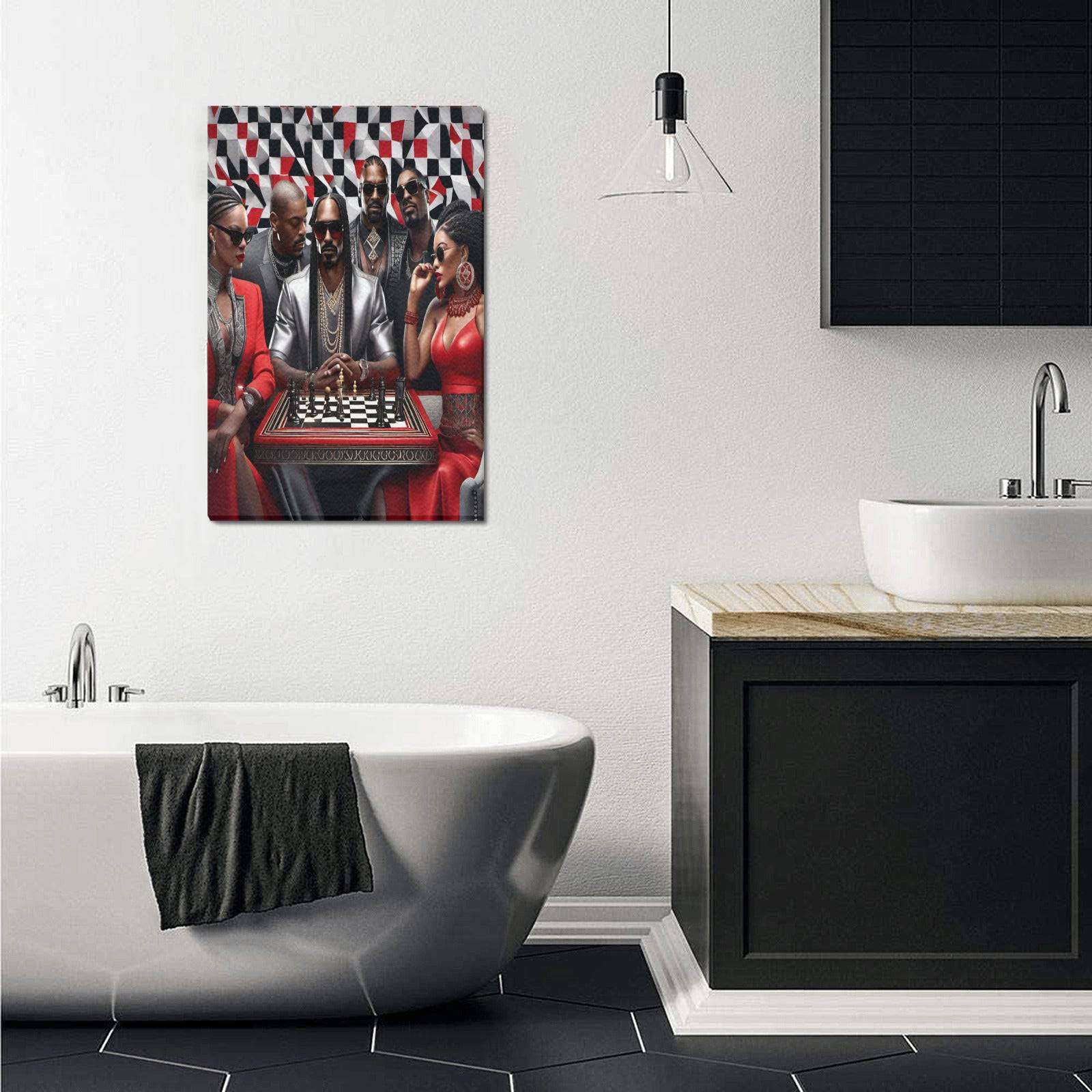 Framed chess-themed canvas print with natural wood frame, 16 by 24 inches — product detail