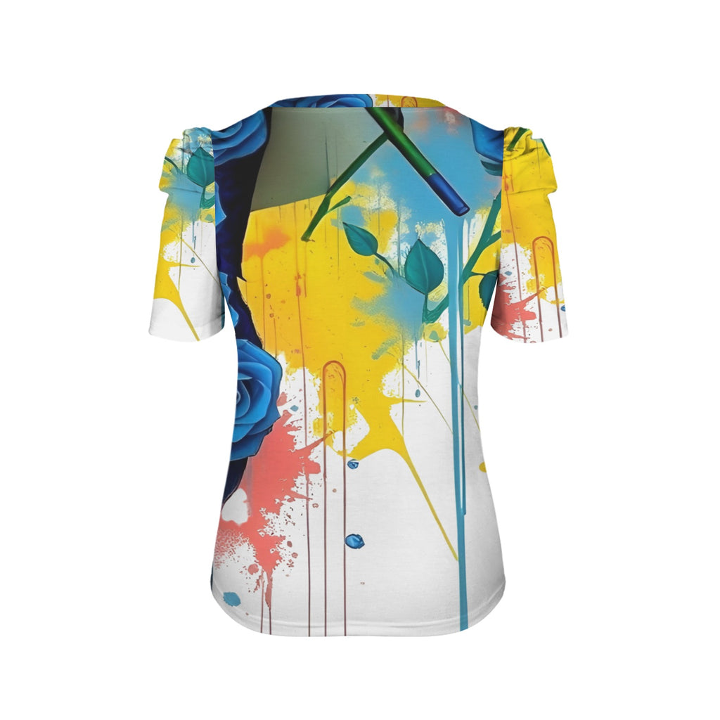 Rich and Rich Women's Rose Print Round Neck Puff Sleeve T-Shirt