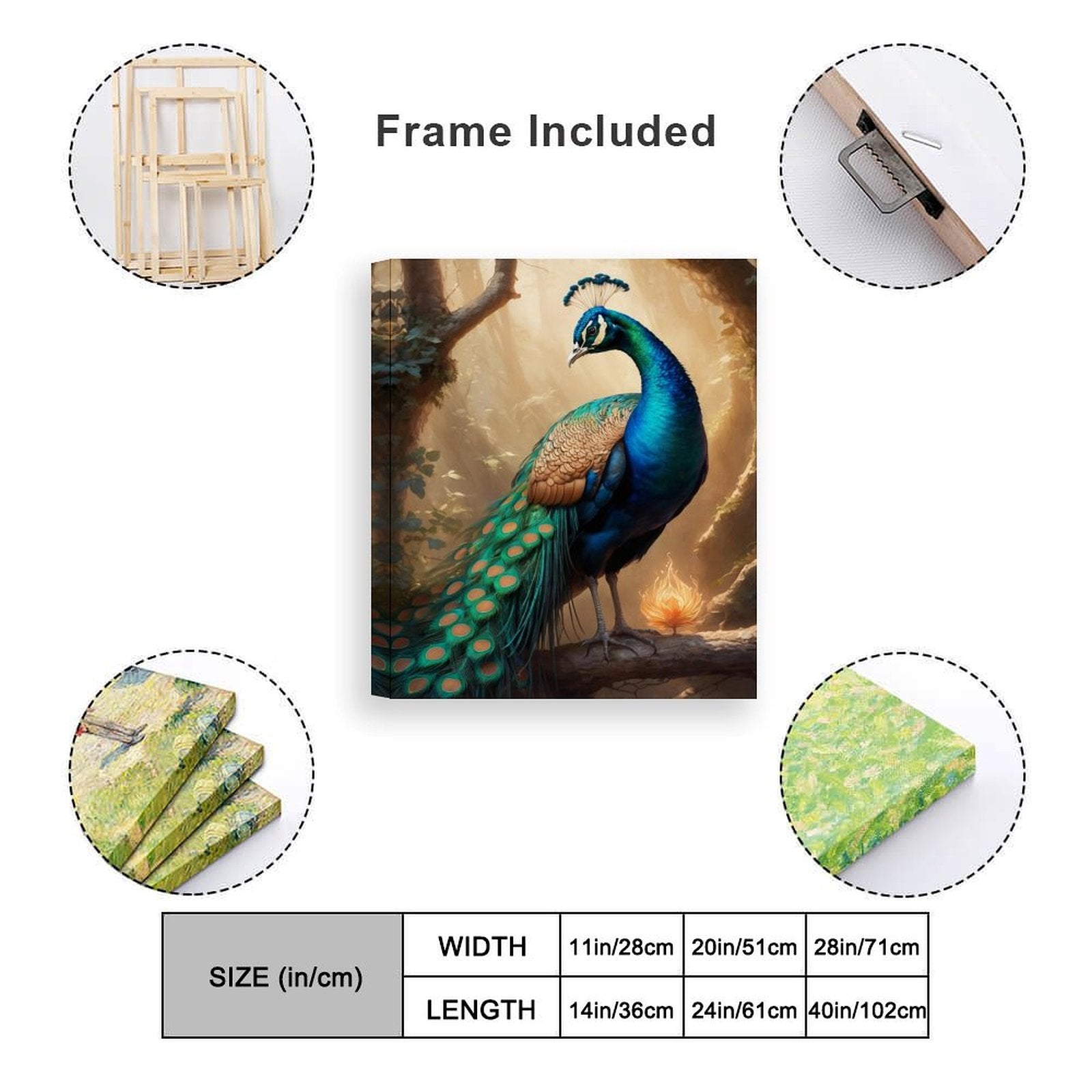 Vertical peacock canvas print in vivid colors, hand-framed 20×24 inches — alternate view