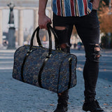Blue hex network patterned PU leather travel duffel with top handles and adjustable strap — additional view 13