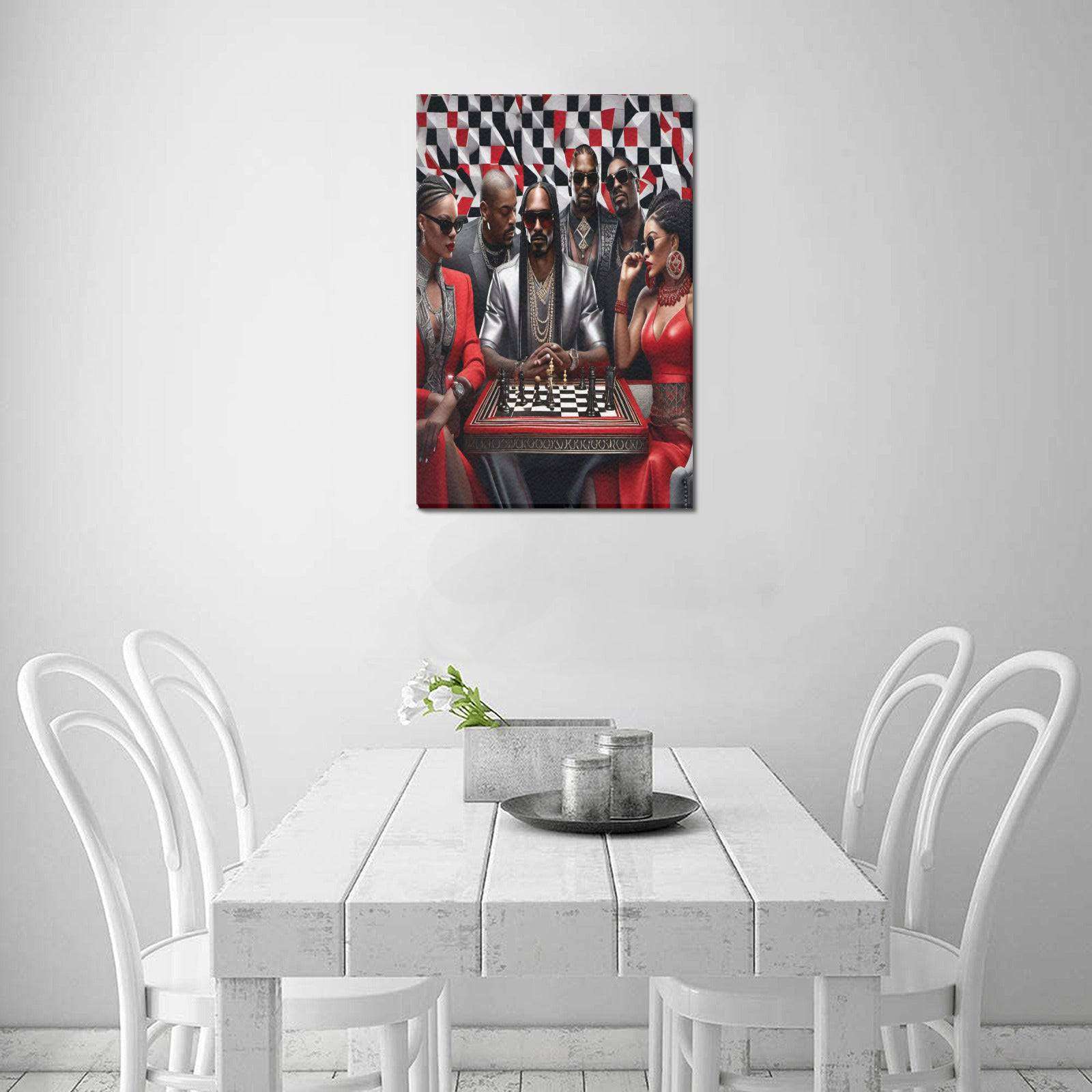 Framed chess-themed canvas print with natural wood frame, 16 by 24 inches — alternate view