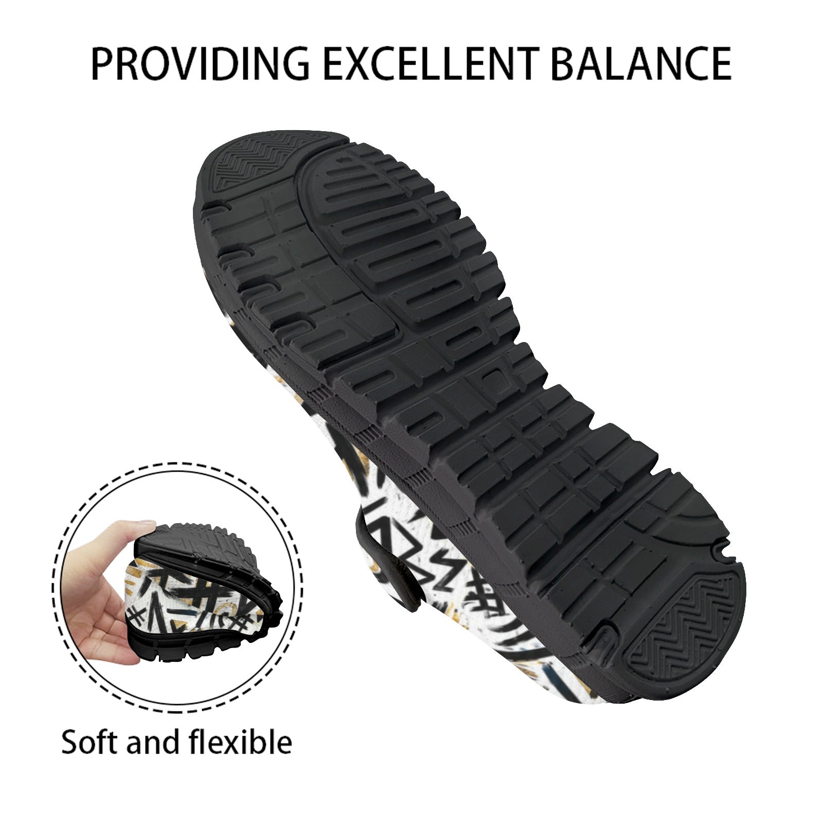 Black and gold street-art patterned women's Mary Jane shoe with Velcro strap and mesh upper — additional view 6