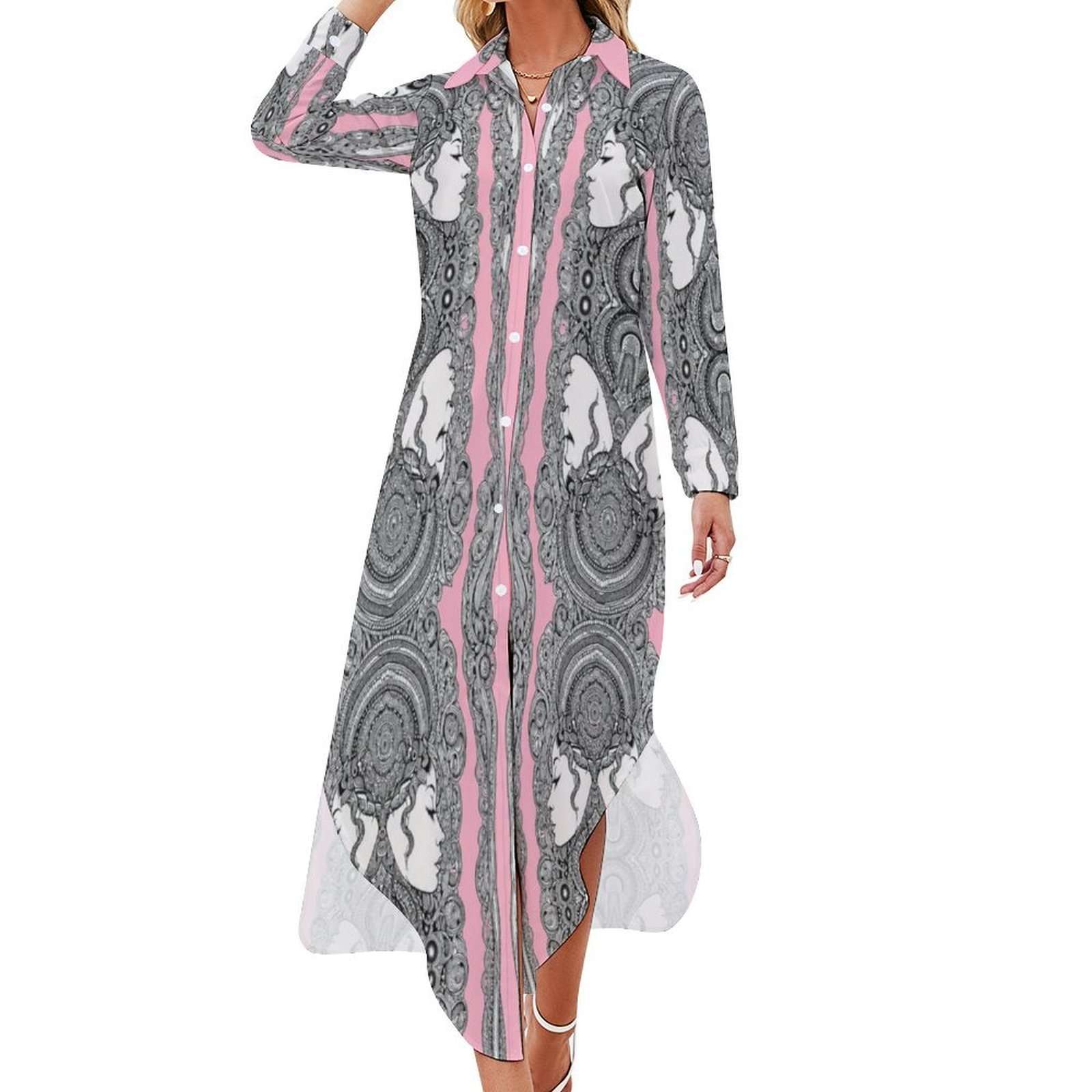 Pink caricature print long-sleeve button-up shirt dress with split hem