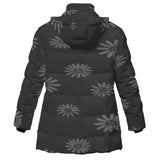 Women's matte black hooded puffer coat with floral all-over print and detachable hood — side view