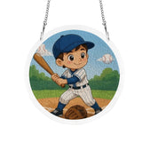 Round acrylic ornament with baseball artwork and metal hanging chain, 20.8 cm diameter — alternate view
