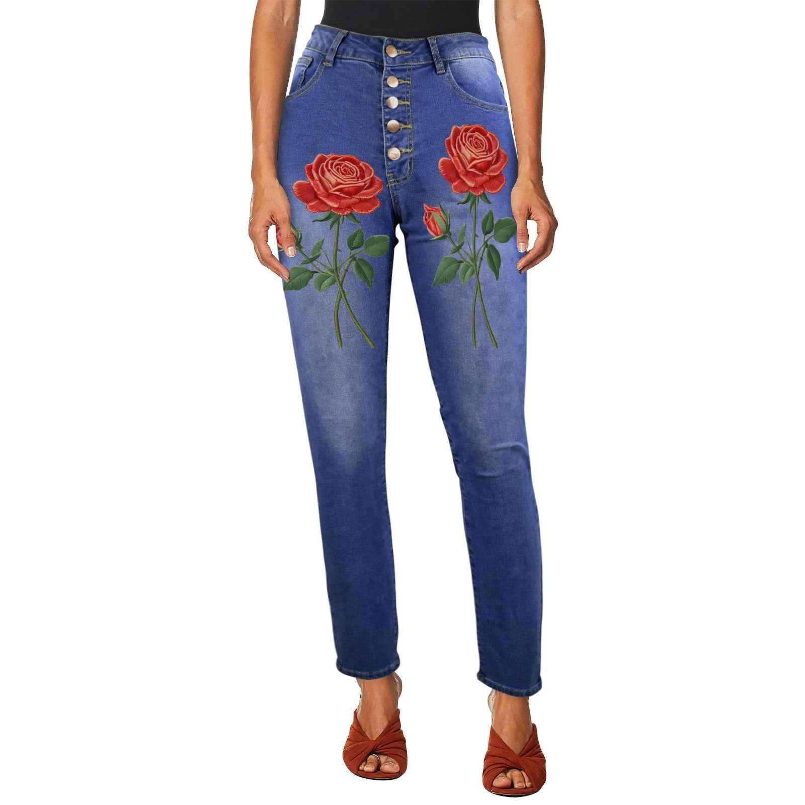 Women's high-waist jeans with red roses front print and five-button zip closure