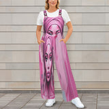 Sleeveless wide-leg jumpsuit with button shoulder straps and three functional pockets