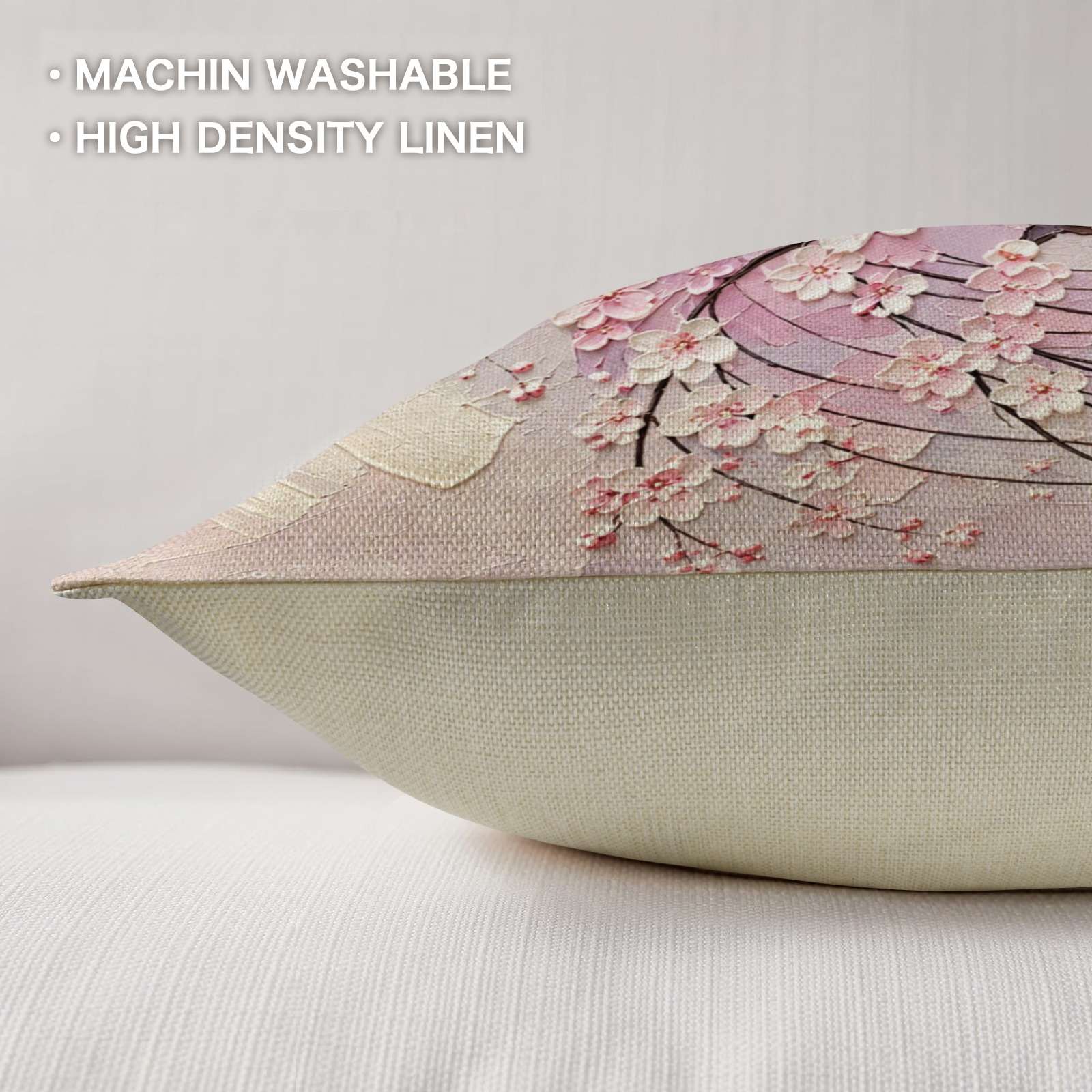 Square 18x18 faux-linen pillow with pink cherry blossom tree artwork and included core — additional view 7