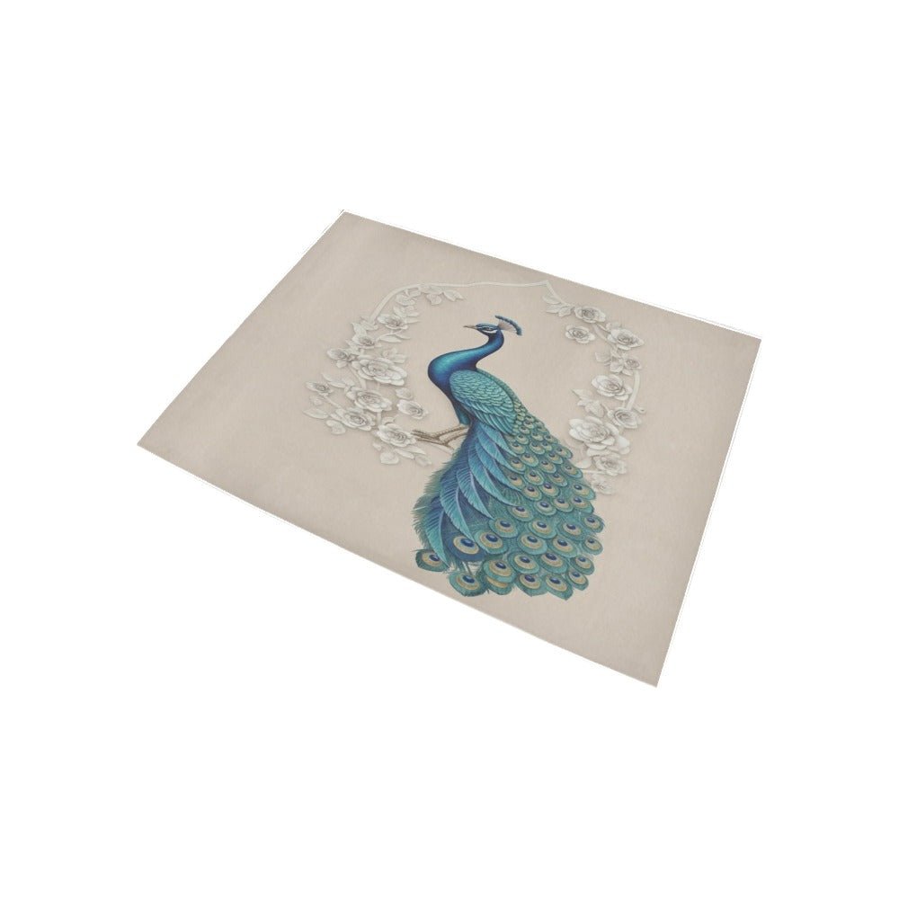 Peacock area rug 5'3" x 4' with full-color print, soft polyester top and dotted rubber backing — alternate view