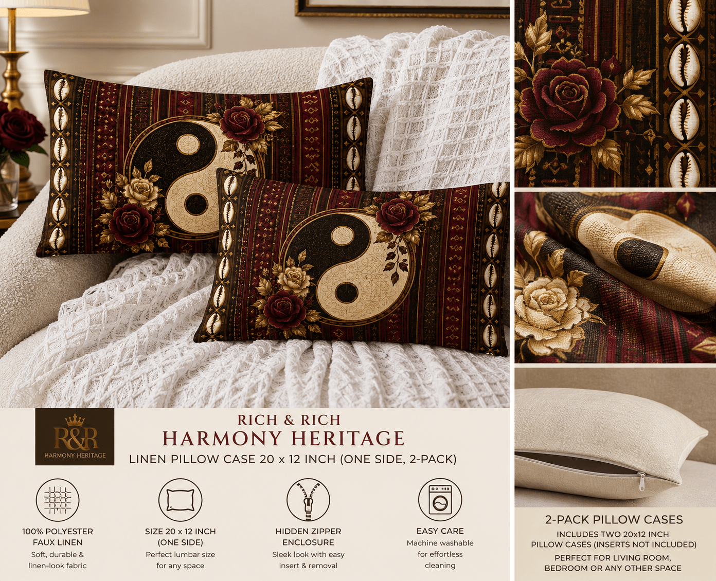 Rich and Rich Harmony Heritage Faux Linen Pillow Cases 20x12 Inch, 2-Pack | Burgundy, Ivory, Brown, and Gold Lumbar Pillow Covers - Rich and Rich Homeopportunities