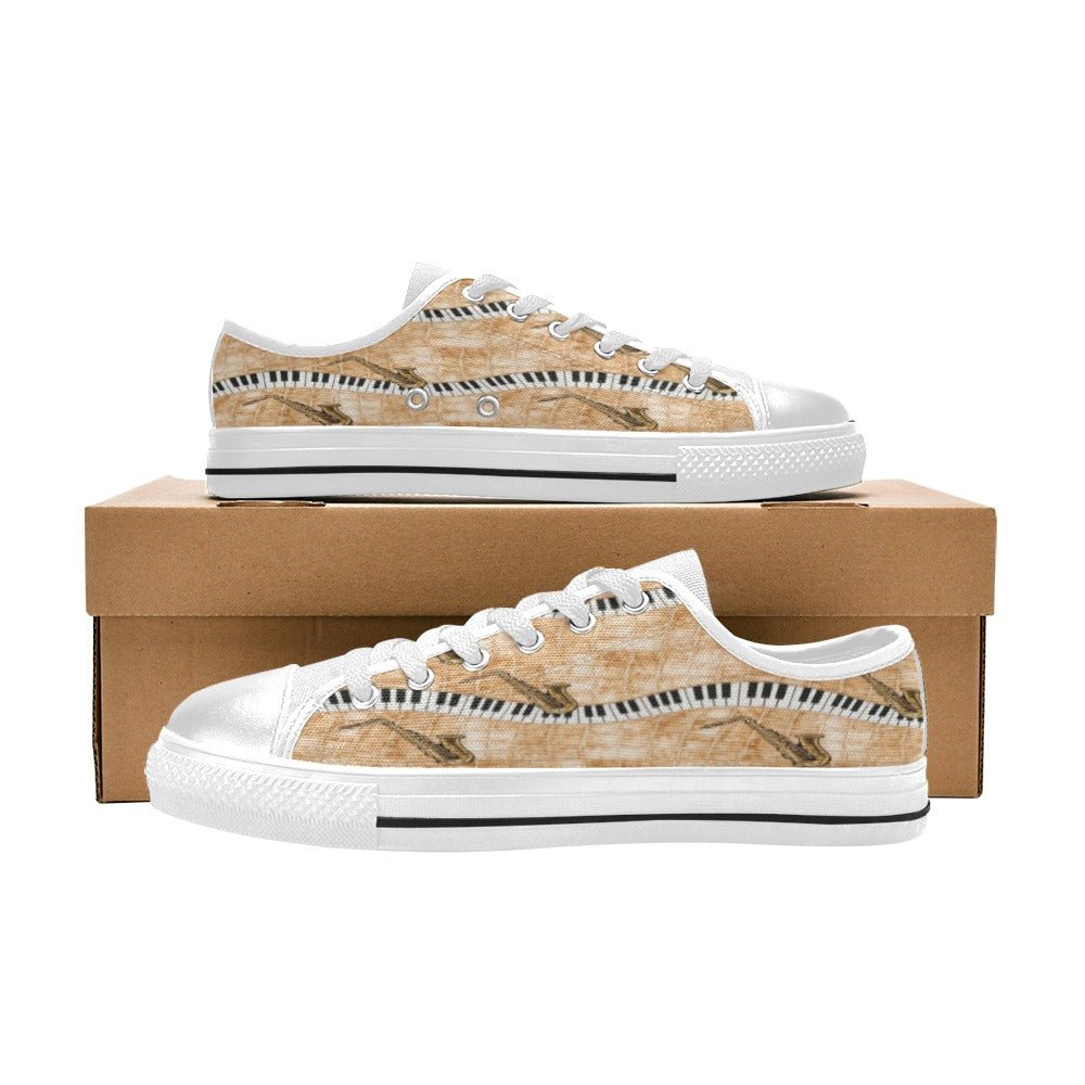 Men’s beige low-top sneakers with piano and saxophone artwork and navy-black accents — additional view 9