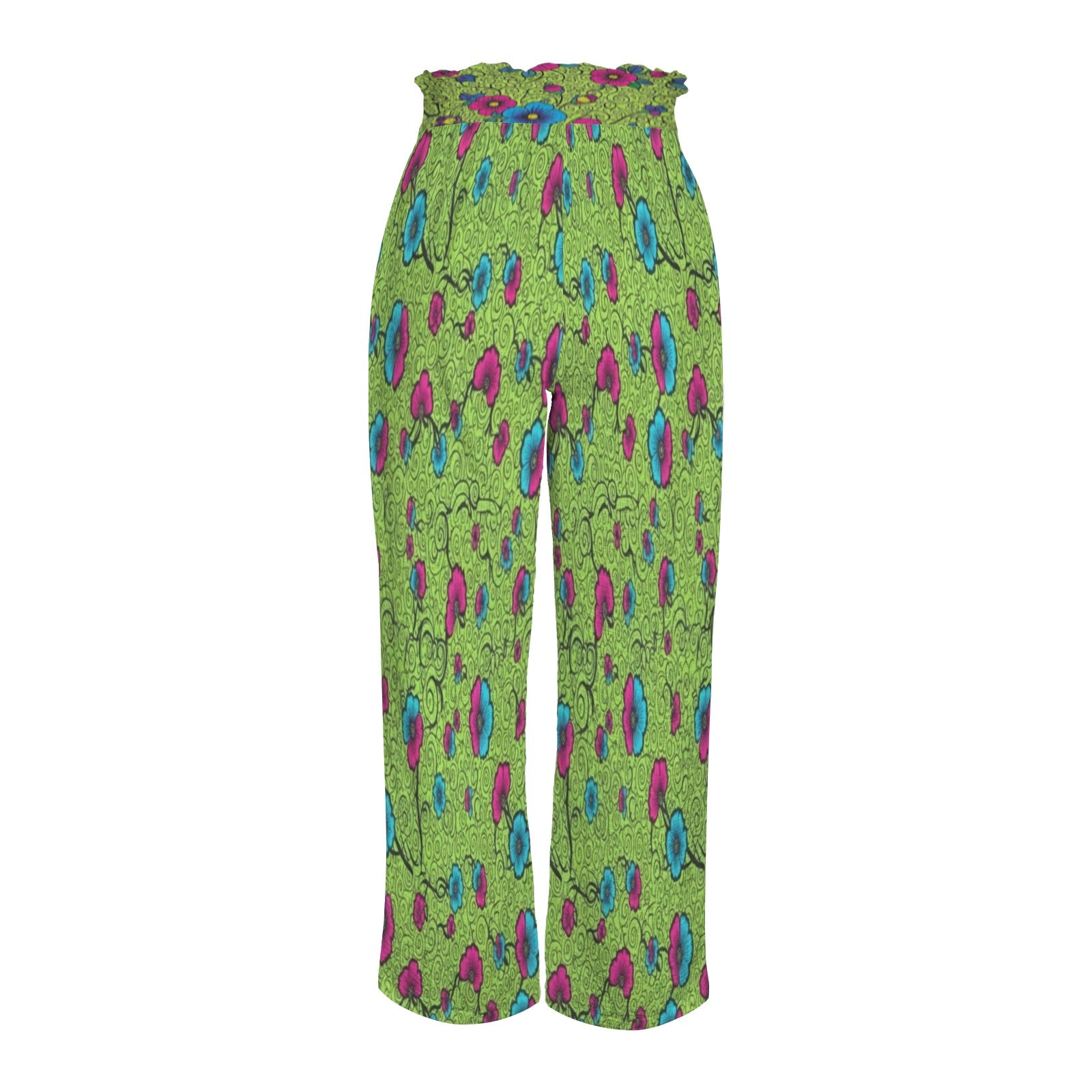 Green floral wide-leg women's pants with elastic waistband, tied belt, and side pockets — additional view 6