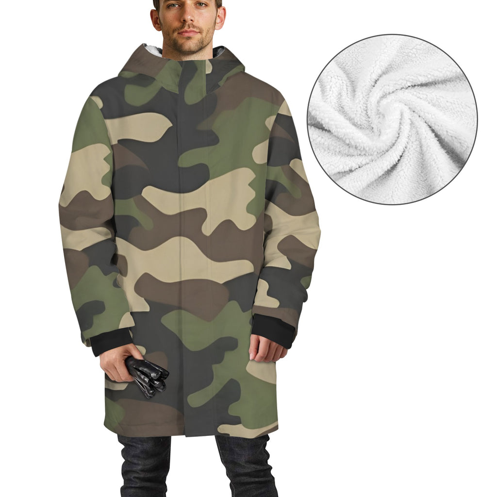 R&RH Camo Green Men's Mid-Length Hooded Coat with fleece lining and hood