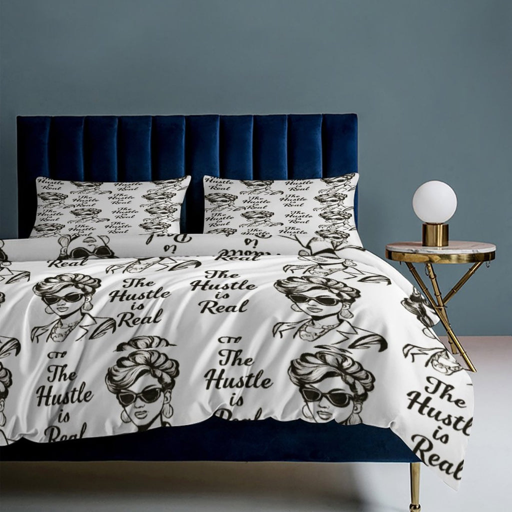 Rich and Rich The Hustle Is Real White 3-Piece Bedding Set with duvet cover and pillow shams