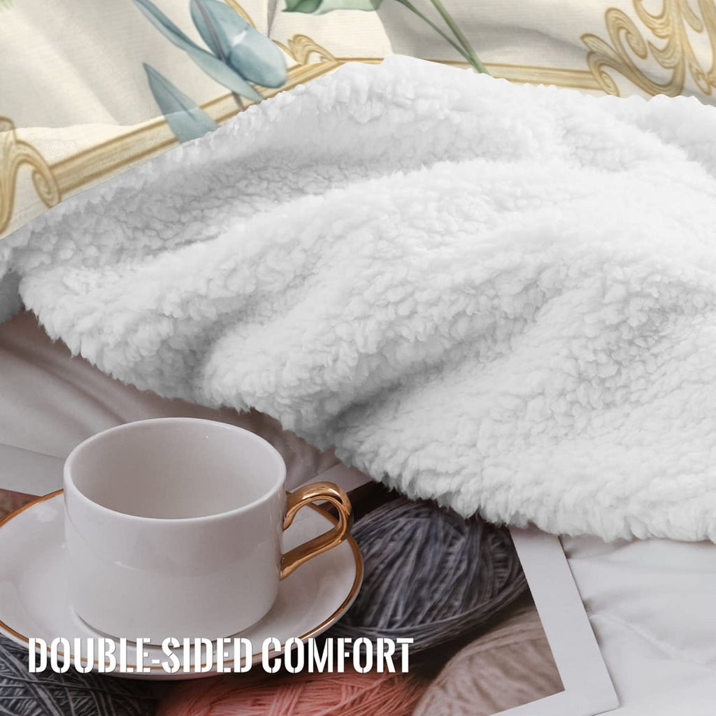 A Rich and Rich Beige Botanical Victorian Sherpa Fleece Blanket  90"x108"