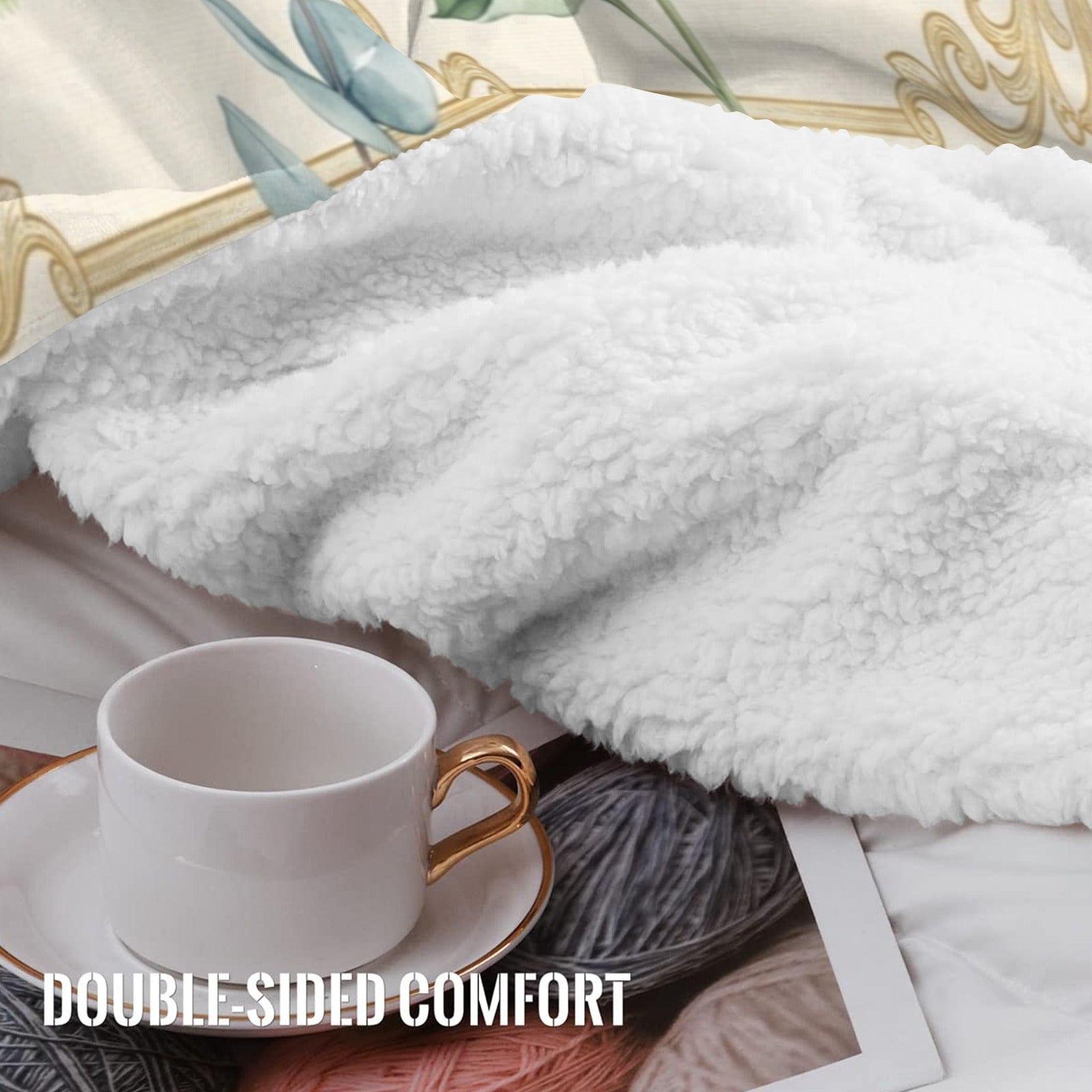 A Rich and Rich Beige Botanical Victorian Sherpa Fleece Blanket  90"x108"