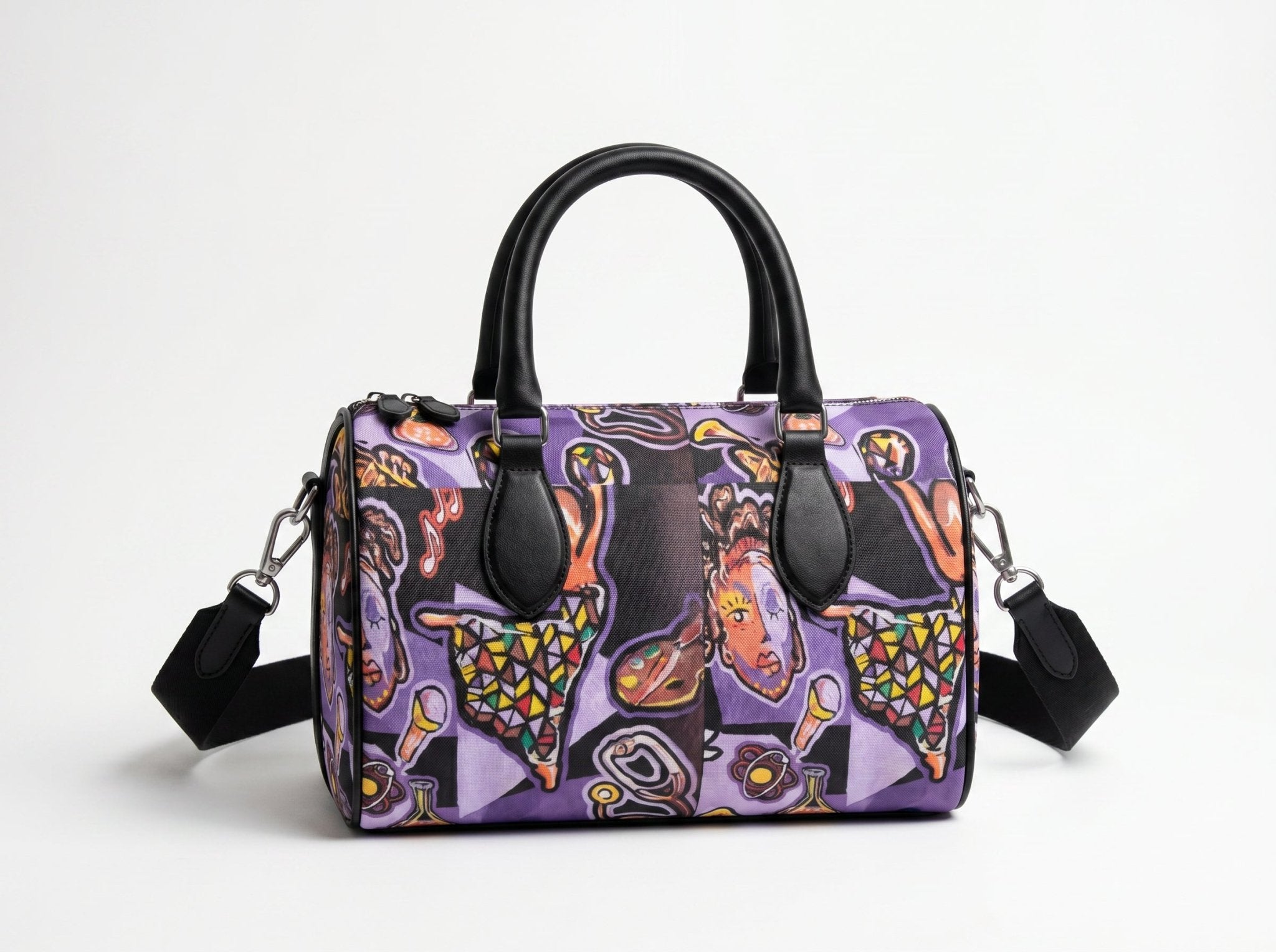 Small purple abstract duffle bag with black leather handles, faux suede lining and double zipper — additional view 7