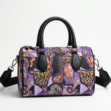 Small purple abstract duffle bag with black leather handles, faux suede lining and double zipper — additional view 7