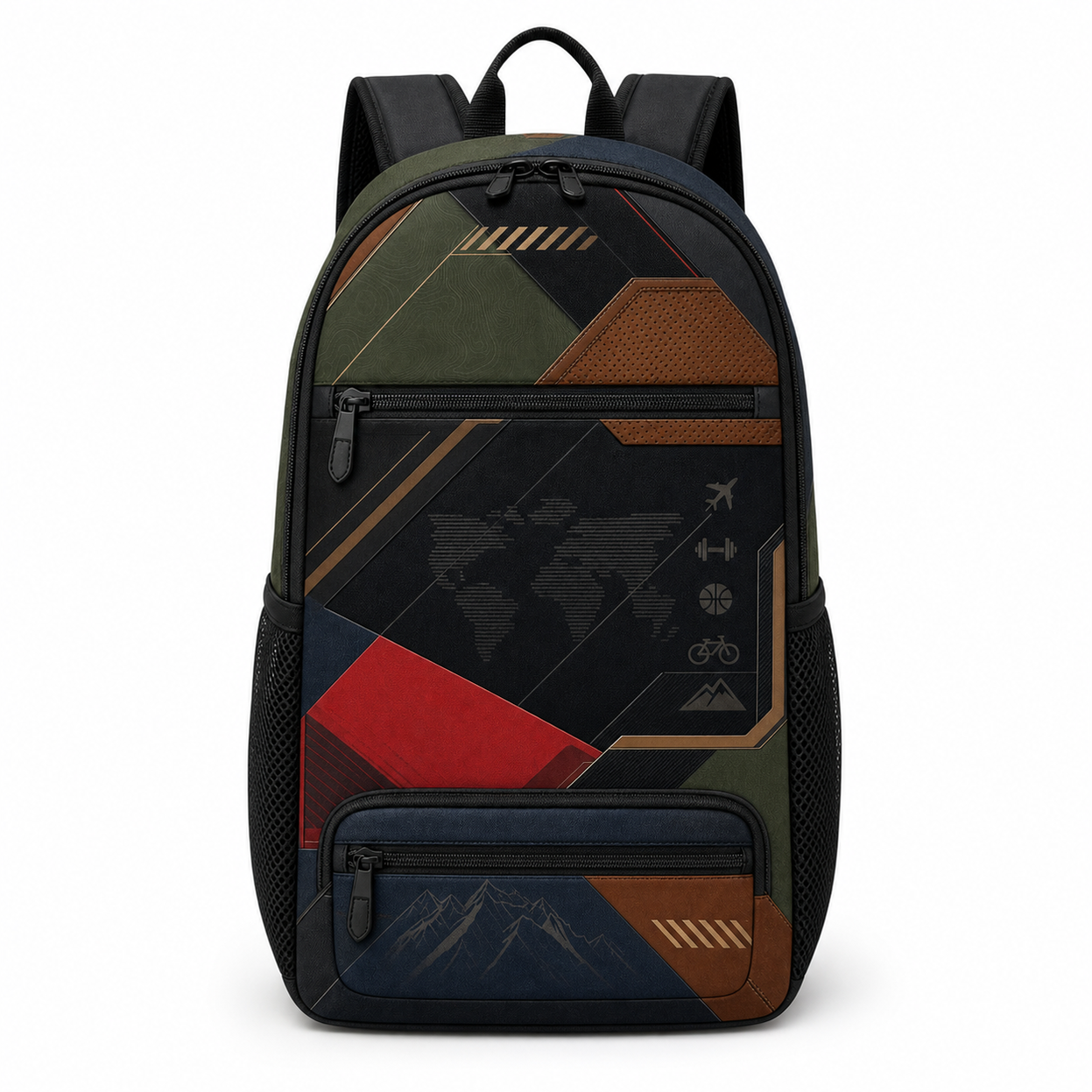 Large capacity sport travel backpack with coordinated panel artwork, black trim, zippers, handles, straps and mesh pockets