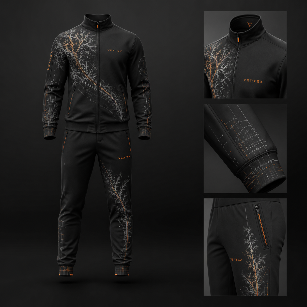 Vertex Fractal Vector Tracksuit in charcoal with silver geometric Vertex menswear design