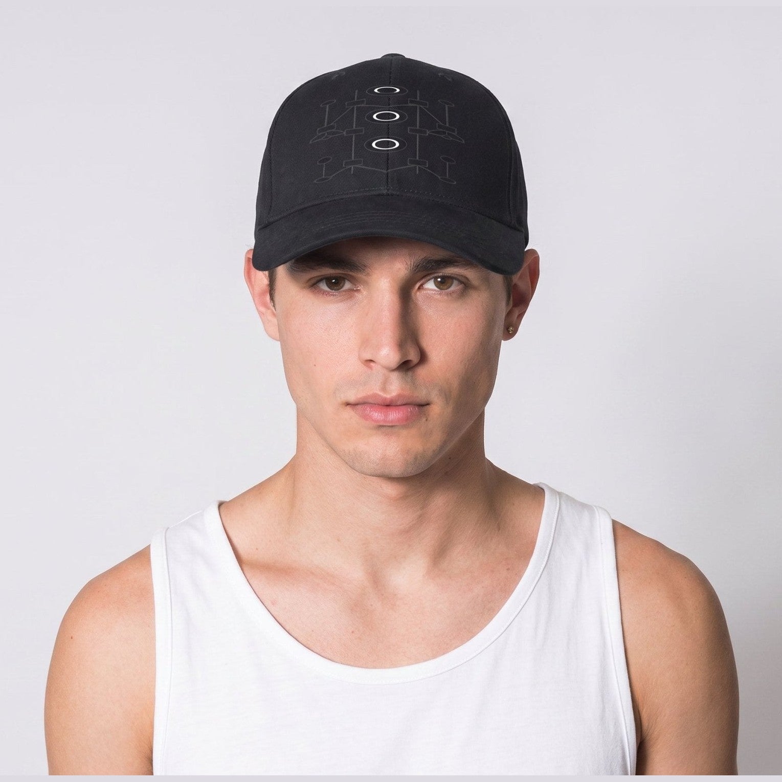 Unisex black cotton cap with geometric pattern and contrast sandwich peak, five-panel design — additional view 9