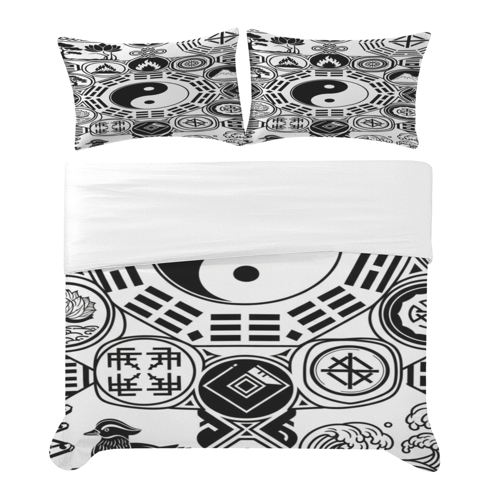 Rich and Rich White and Black Feng Shui 3-Piece Bedding Set on bed