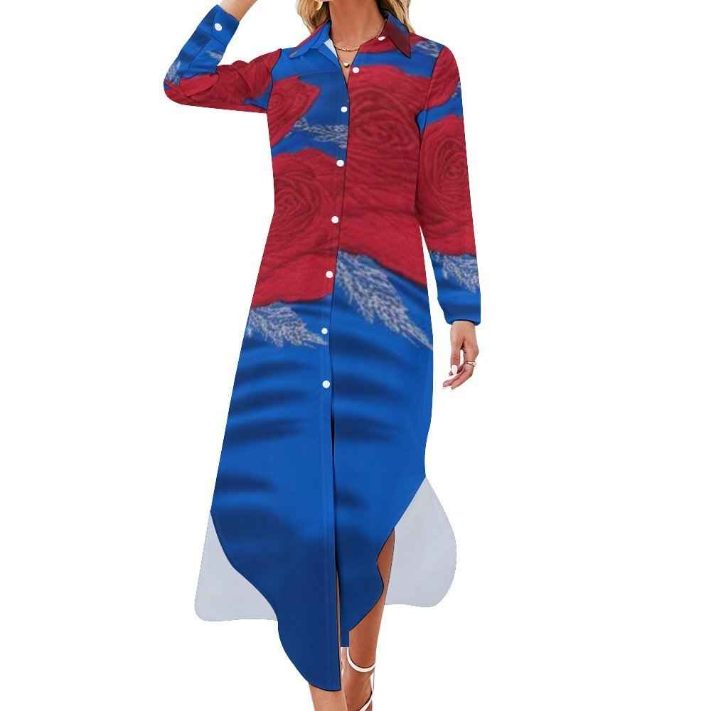 Women's red rose all-over print button-up long sleeve shirt dress with split hem