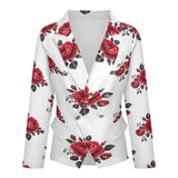 Red rose all-over print double-breasted blazer and high-waisted wide leg pants two-piece set — additional view 8
