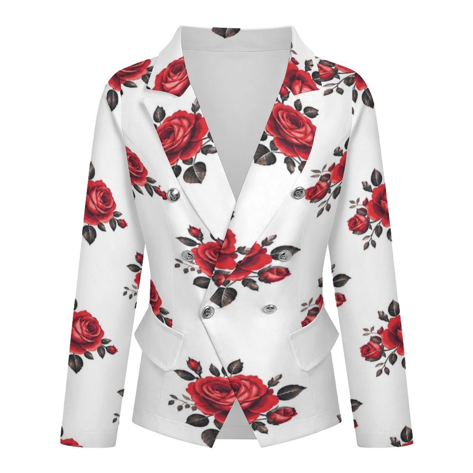 Rich and Rich Women’s Red Roses Wide Leg Pants and Double Breasted Blazer Set | Floral Two-Piece Outfit