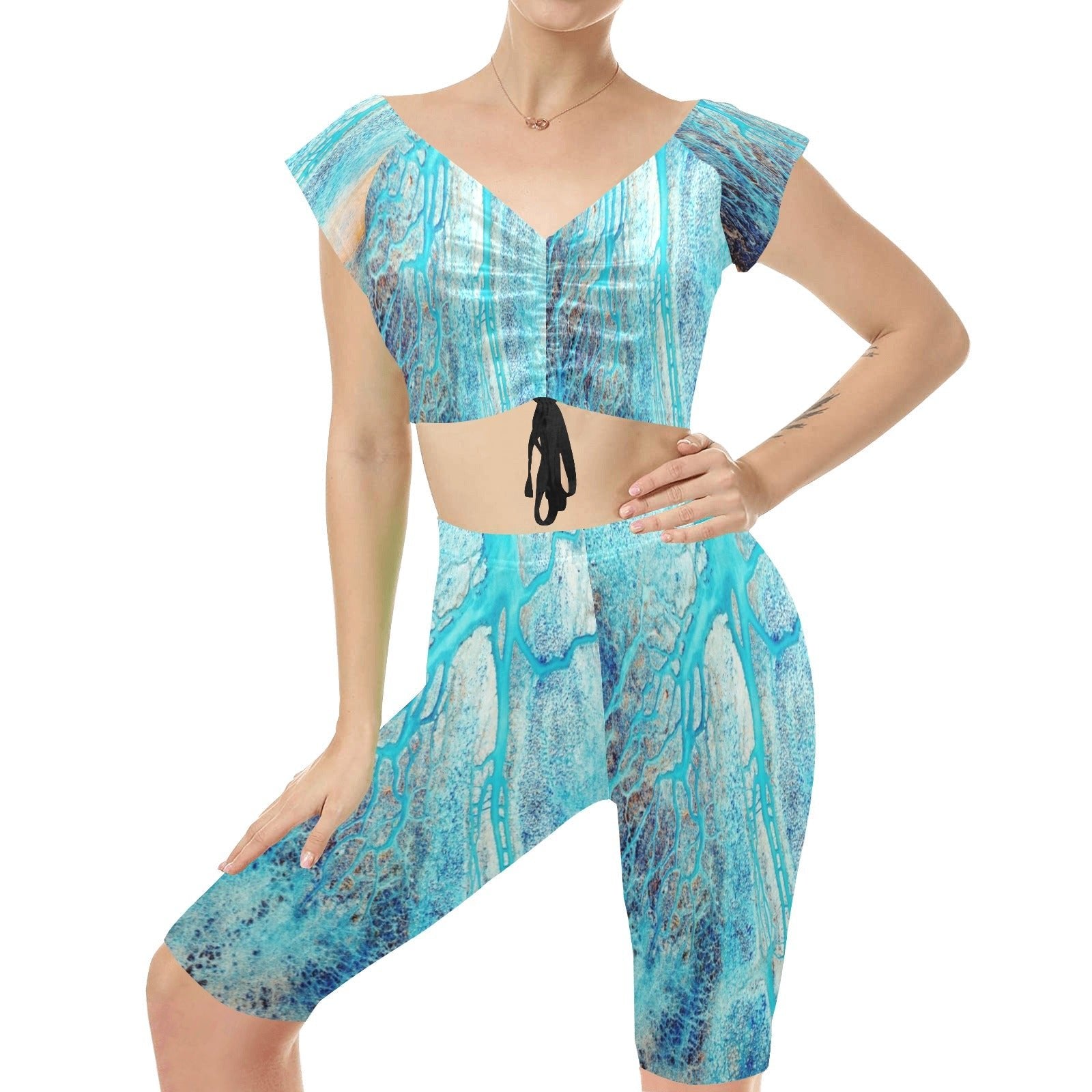 Turquoise women's crop-top yoga set with adjustable drawstring on top — alternate view
