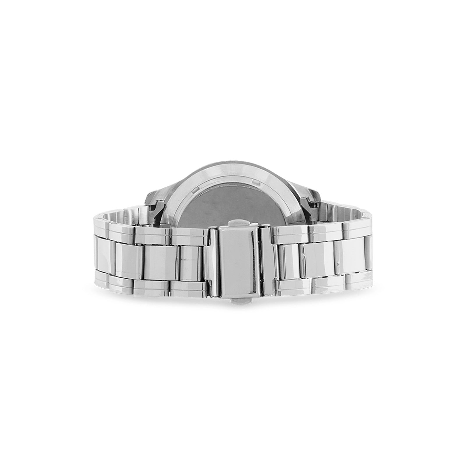 Men's stainless steel analog watch with San Francisco bridge design and metal band — side view