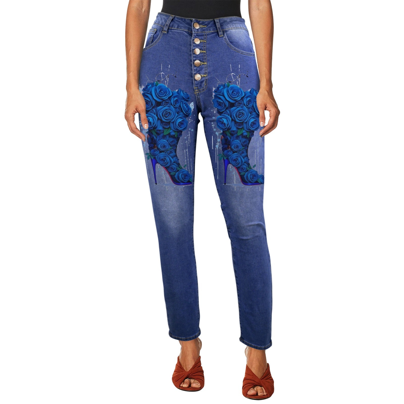 Rich and Rich Royal Blue Rose Boot Jeans for Women with front rose print and high waist