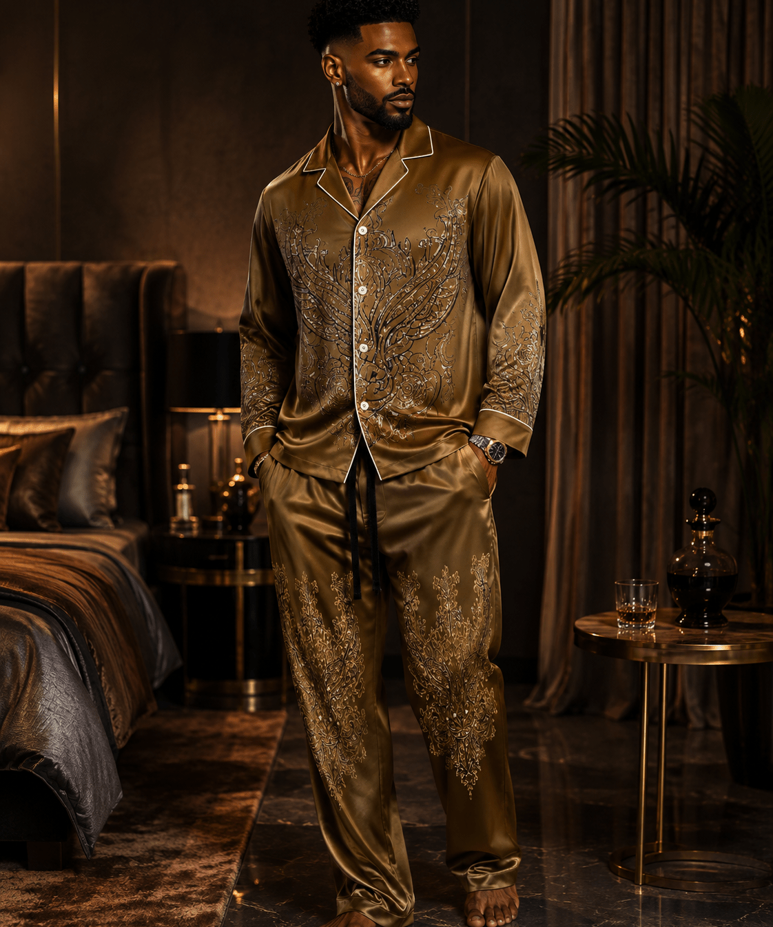 Brown men's designer-style pajama bottoms with elastic waistband, false fly, and side pockets