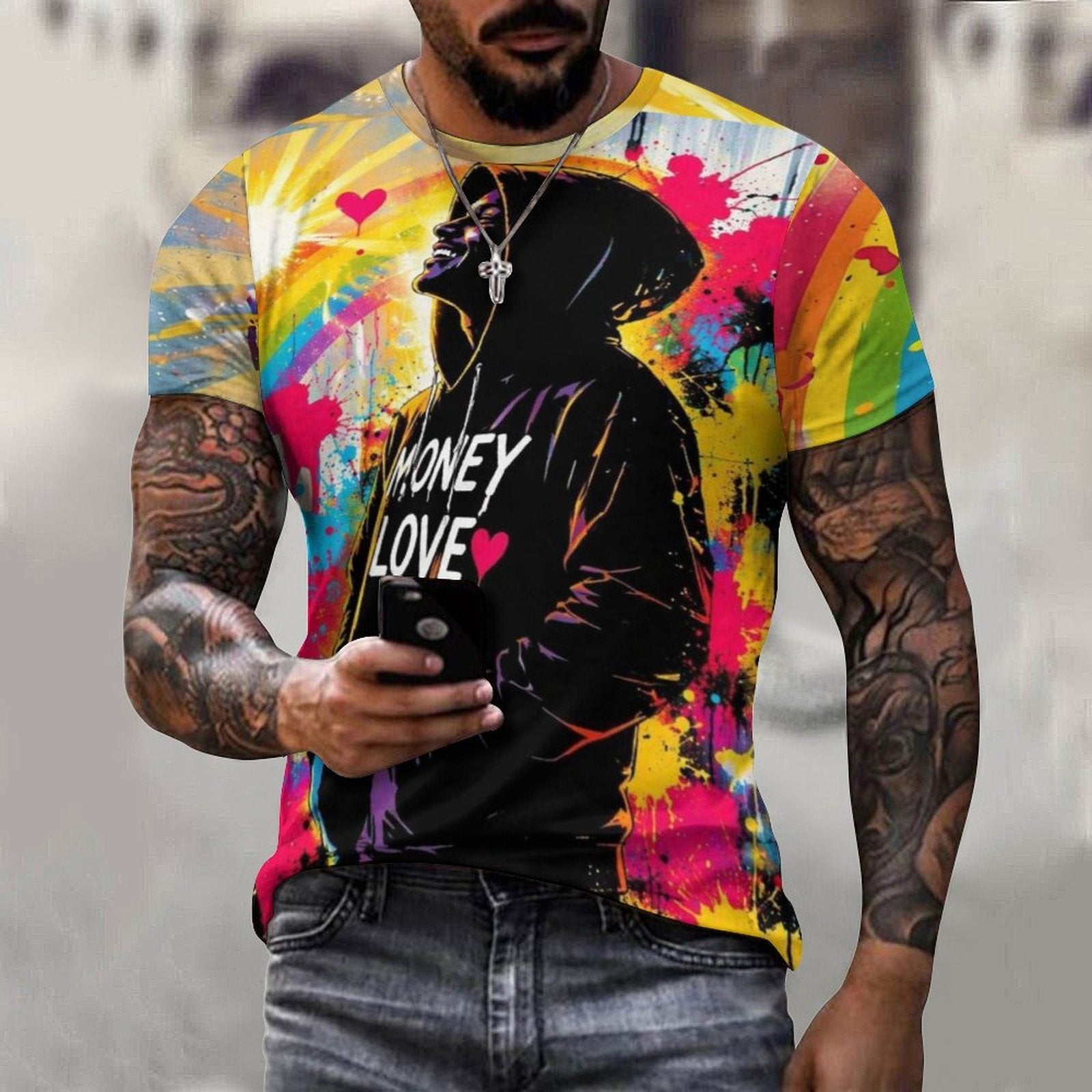 Rich and Rich Men’s Money Love Yellow Graffiti Cotton T-Shirt | Bold Graphic Tee for Men