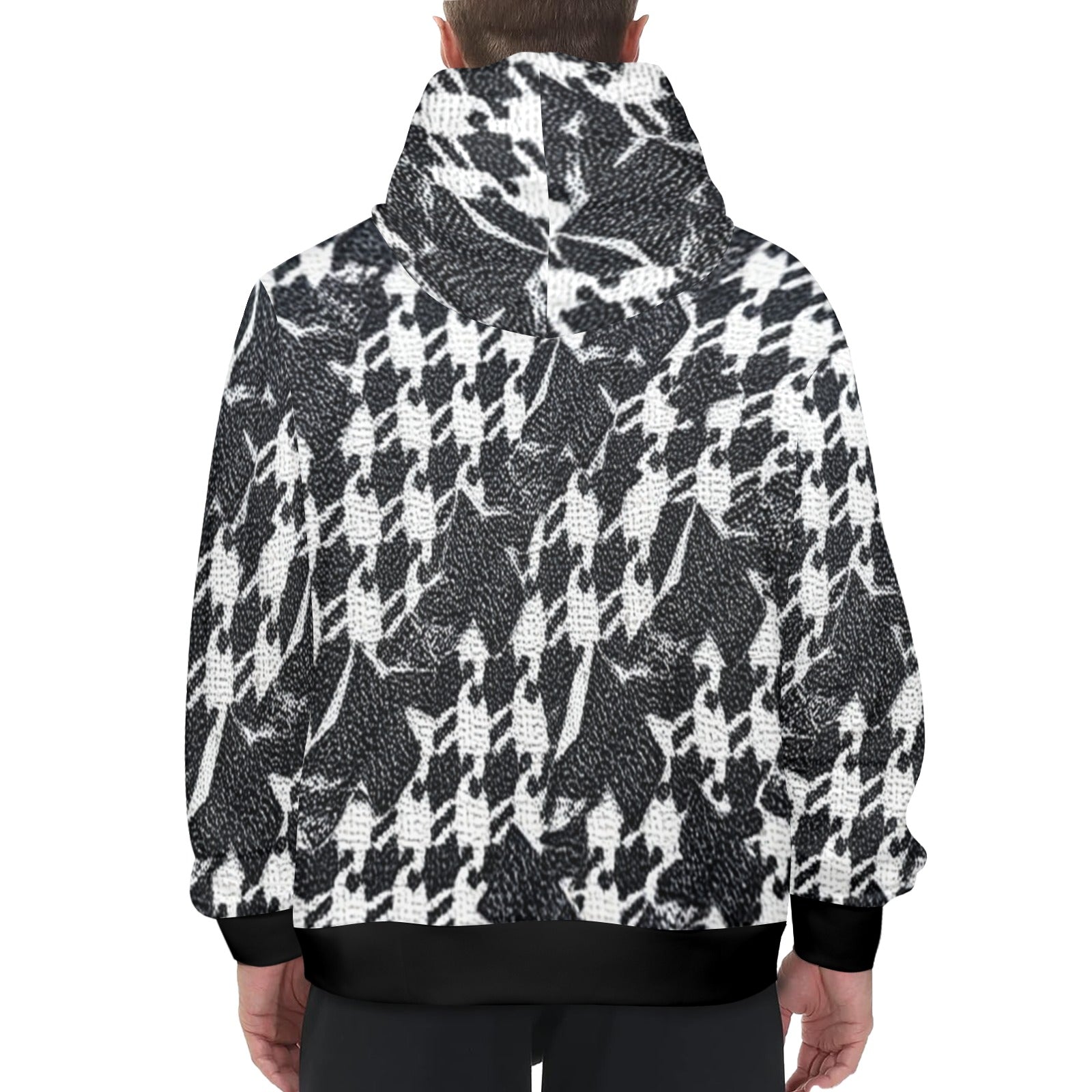 R&RH Black and White Checker Men's Long Sleeve Hoodie with drawstring hood and kangaroo pocket