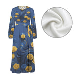 Yellow and blue roses long-sleeve belted maxi dress with round neck and side pockets — product detail