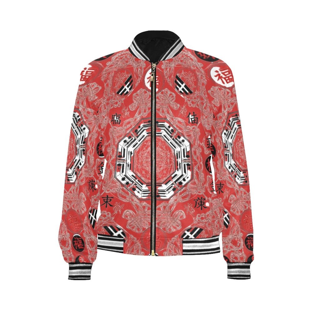 Bomber jacket, fly-weave sneakers, and PU leather shoulder handbag included in a coordinated fashion bundle — rear view